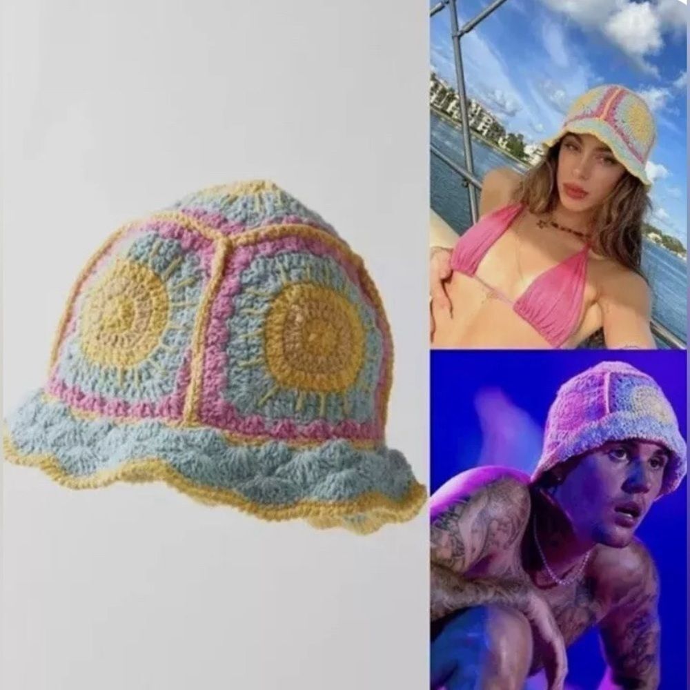 Urban Outfitters Bria Granny Square Handmade Crochet Bucket Hat Blue Yellow